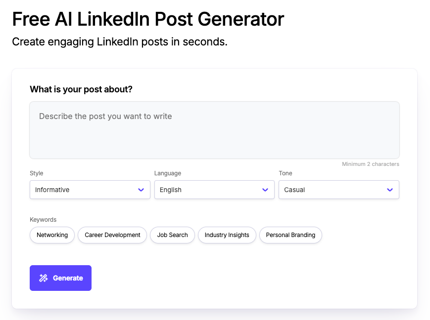 Free AI LinkedIn Post Generator screenshot and logo